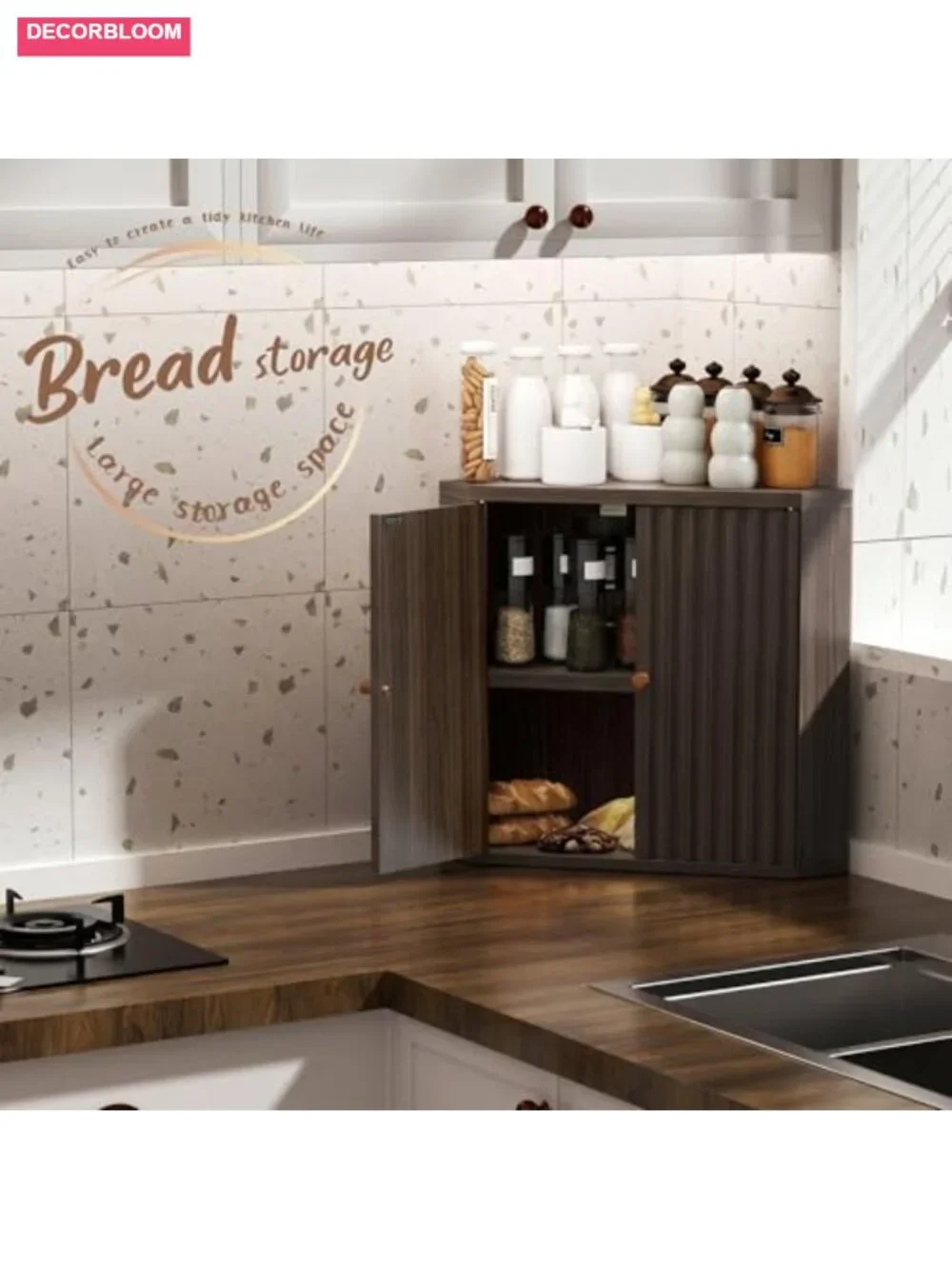 Extra Large Corner Bread Box for Kitchen Countertop, MDF Wood, Space-Saving